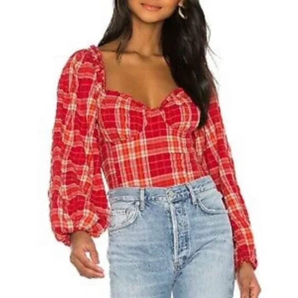 Free People | Cherry Bomb Plaid Smocked Bustier w/ Balloon Sleeves